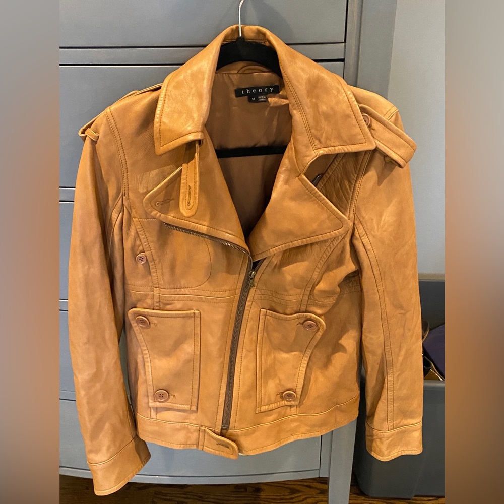 Theory tan leather biker jacket. Very soft leather.